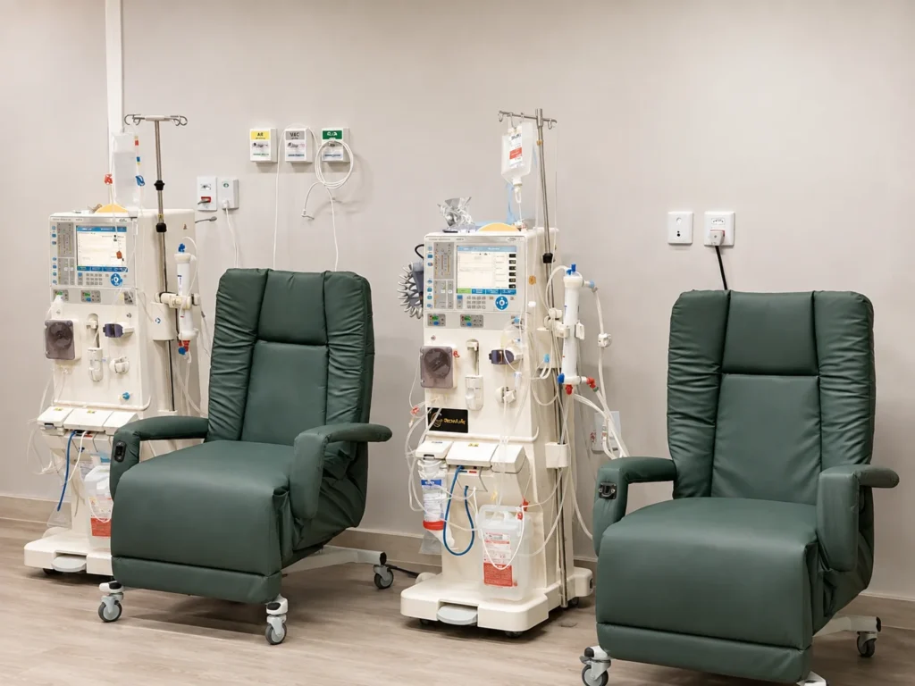 Estrutura de hemodiálise hospitalar com equipamentos, poltronas e infraestrutura operada pela RenalLife.